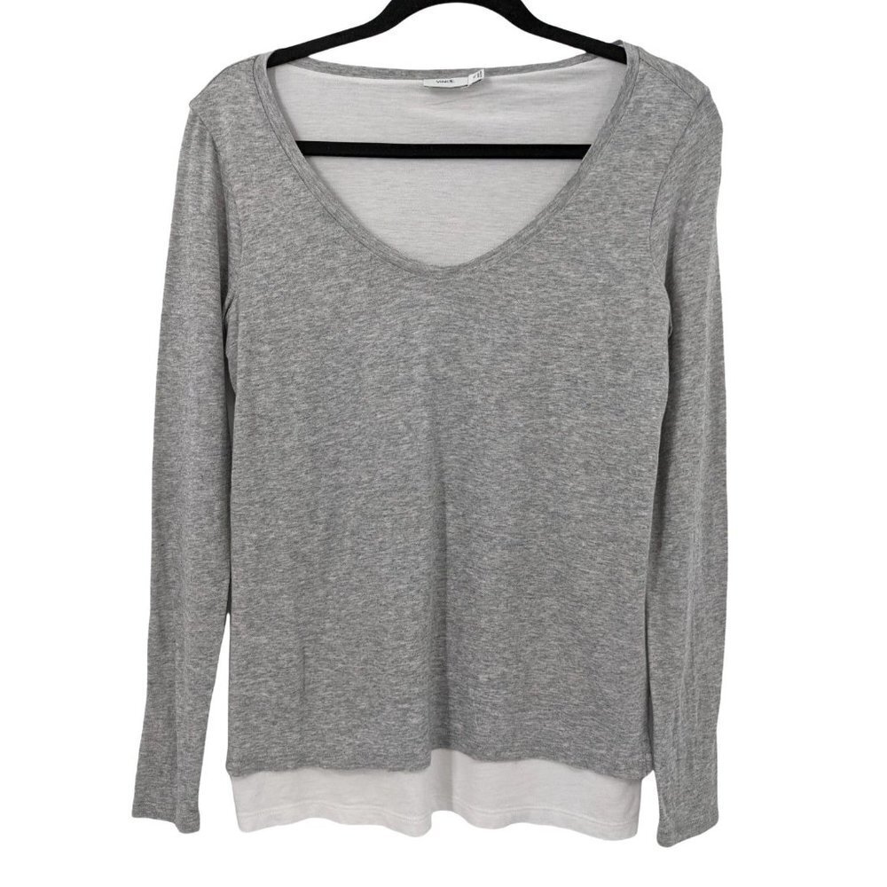 Vince Long‎ Sleeve Shirt Womens XS Gray White Layered Look V-Neck Casual